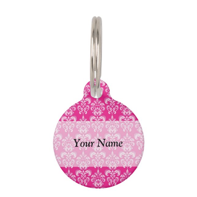 Hot pink damask pattern pet tag (Front)