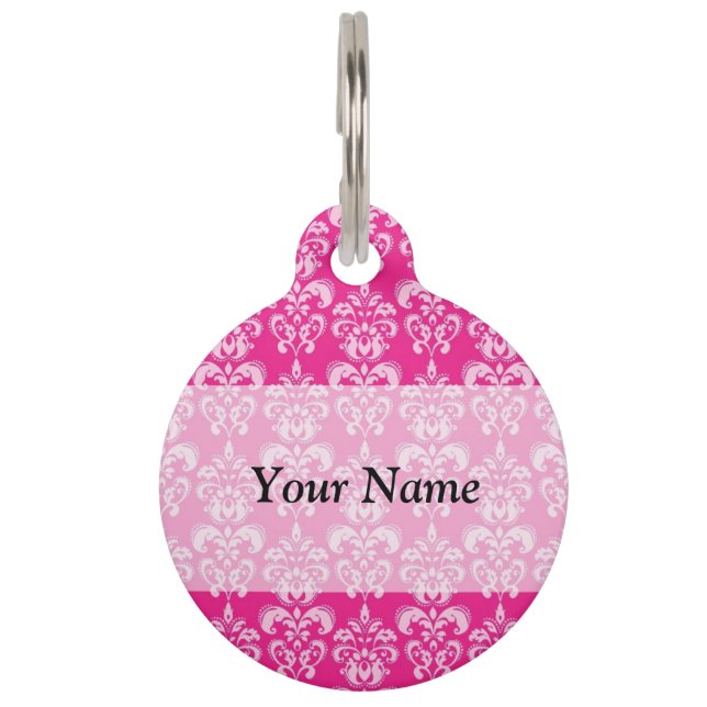 Hot pink damask pattern pet tag (Front)