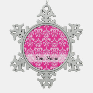 Hot pink damask pattern snowflake pewter christmas ornament