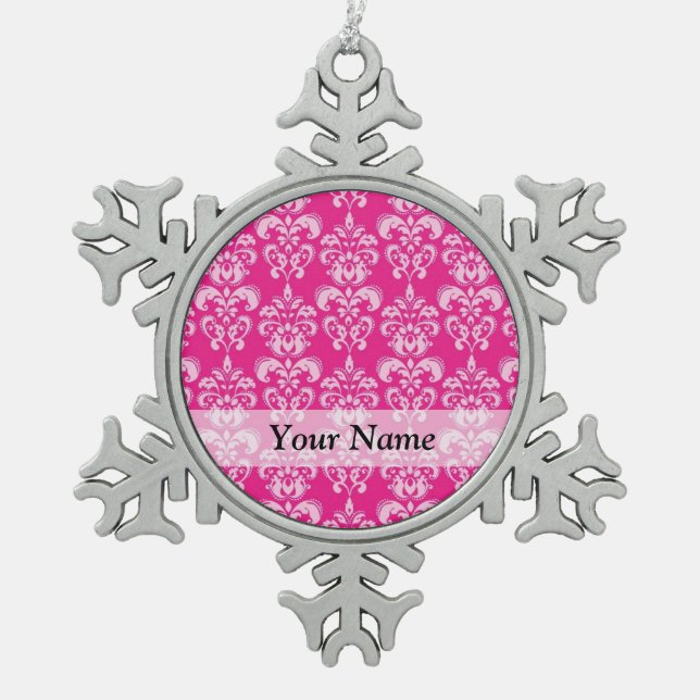 Hot pink damask pattern snowflake pewter christmas ornament (Front)