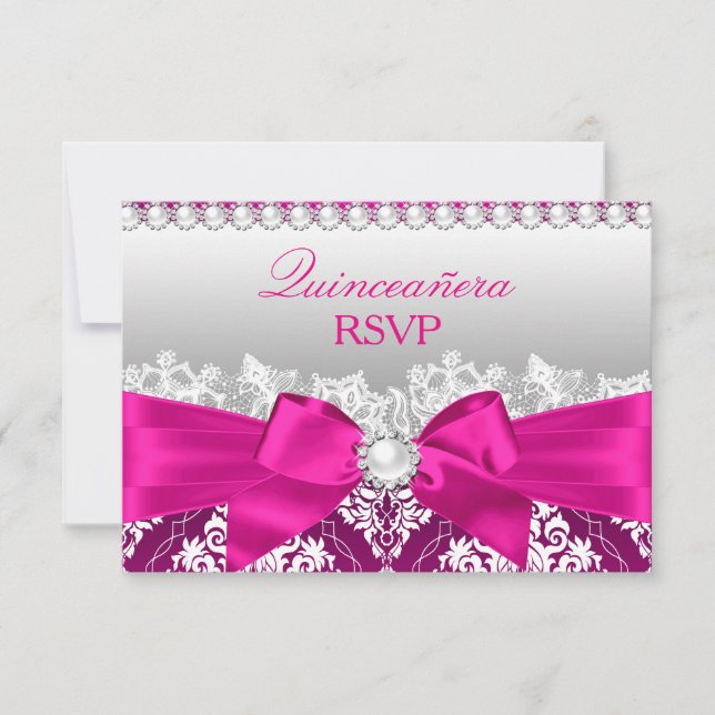 Hot Pink Damask & Pearl Bow Quinceanera RSVP (Front)
