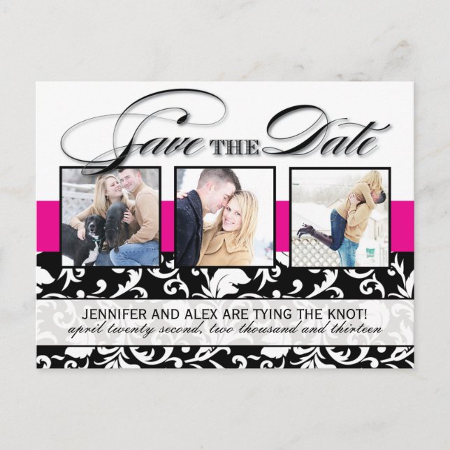 Hot Pink Damask Save the Date Announcement Postcard (Front)