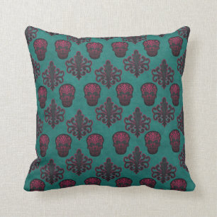 Hot Pink Damask Skulls On Teal Cushion