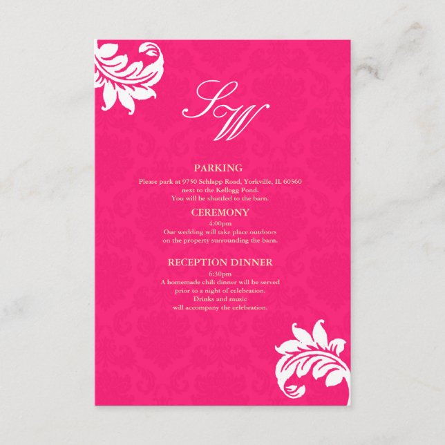 Hot Pink Damask Wedding Enclosure Card (Front)