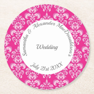 Hot Pink damask wedding Round Paper Coaster