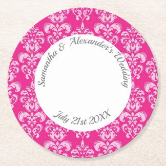 Hot Pink damask wedding Round Paper Coaster