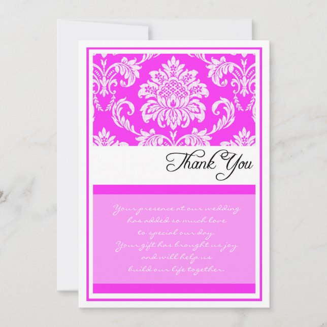 Hot Pink Damask Wedding Thank You Cards (Front)