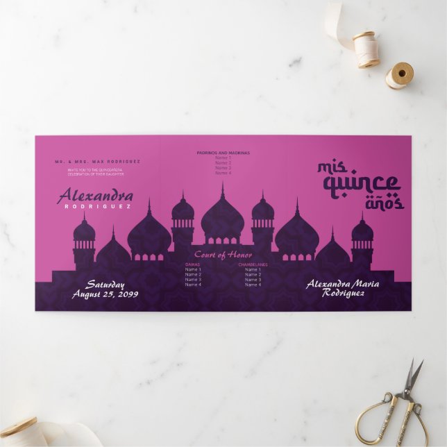 Hot Pink Dark Purple Arabian Nights Quinceañera Tri-Fold Invitation (Outside)