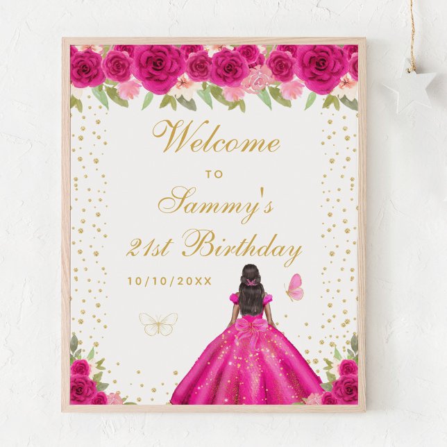 Hot Pink Dark Skin Girl Birthday Party Welcome Poster (Creator Uploaded)