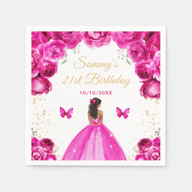 Hot Pink Dark Skin Princess Birthday Party Napkin (Front)