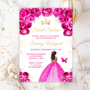 Hot Pink Dark Skin Princess Sweet Sixteen Invitation