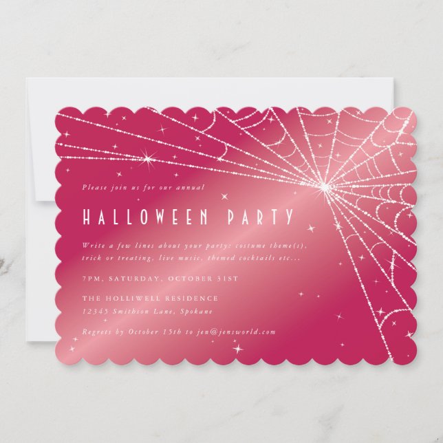 Hot Pink Diamond Spider Web Halloween Party Invitation (Front)