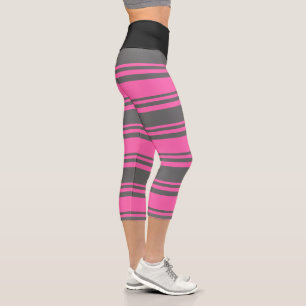 Hot Pink & Dim Grey Coloured Striped/Lined Pattern Capri Leggings