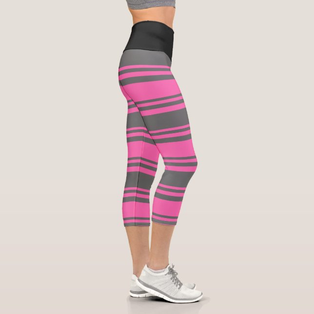 Hot Pink & Dim Grey Coloured Striped/Lined Pattern Capri Leggings (Right)