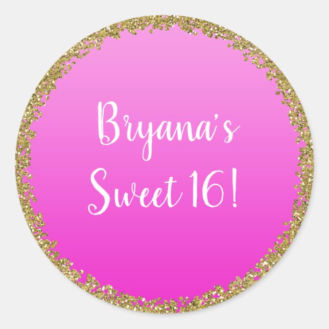Hot Pink Dipped Gold Glitter Glam Sparkle Party Classic Round Sticker (Front)