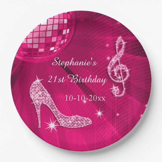 Hot Pink Disco Ball and Heels 21st Birthday Paper Plate (Front)