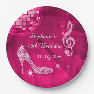 Hot Pink Disco Ball and Heels 75th Birthday Paper Plate