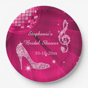 Hot Pink Disco Ball and Heels Bridal Shower Paper Plate
