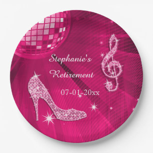 Hot Pink Disco Ball and Heels Retirement Paper Plate