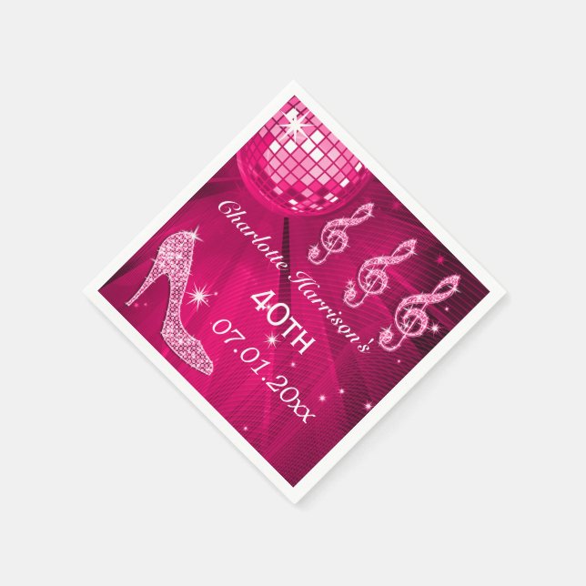 Hot Pink Disco Ball and Sparkle Heels 40th Napkin (Corner)