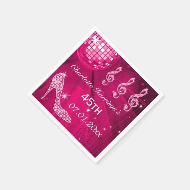 Hot Pink Disco Ball and Sparkle Heels 45th Napkin (Corner)