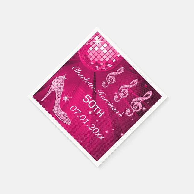 Hot Pink Disco Ball and Sparkle Heels 50th Napkin (Corner)