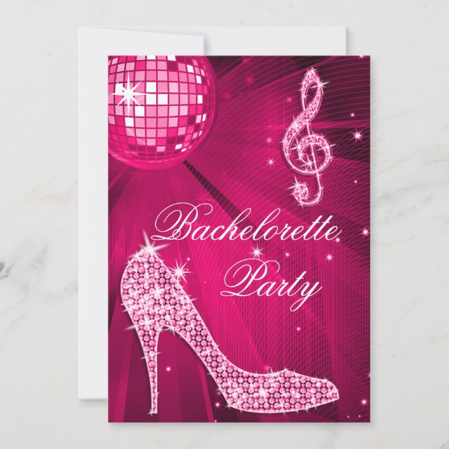 Hot Pink Disco Ball and Sparkle Heels Bachelorette Invitation (Front)