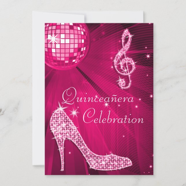 Hot Pink Disco Ball and Sparkle Heels Quinceañera Invitation (Front)