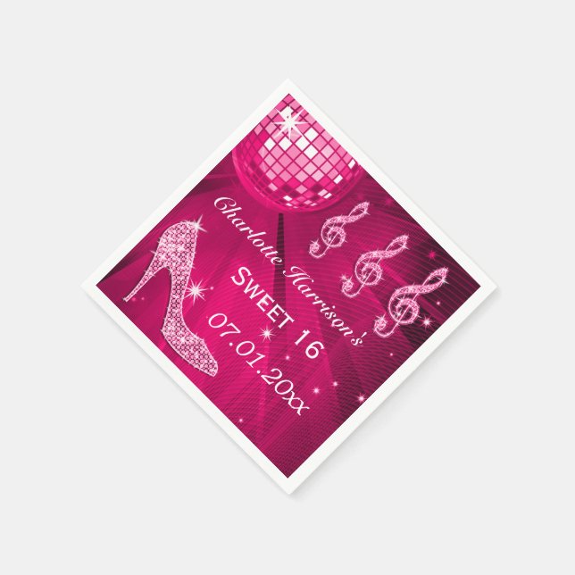 Hot Pink Disco Ball and Sparkle Heels Sweet 16 Napkin (Corner)
