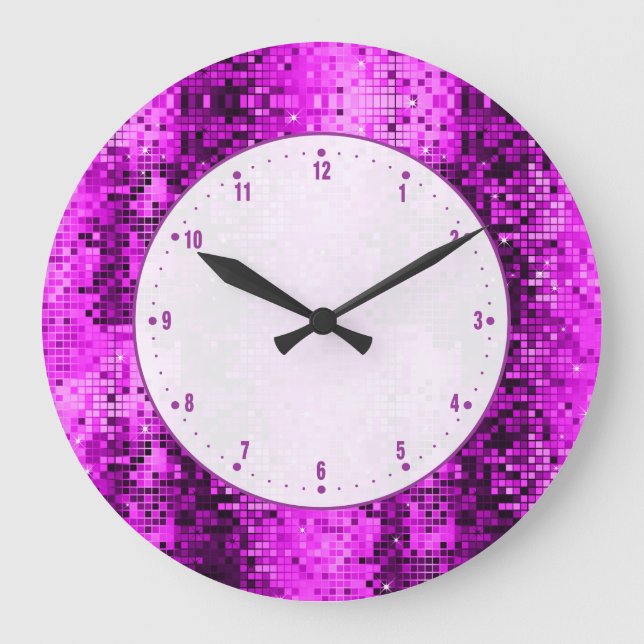 Hot Pink Disco Ball Glitter And Sparkles Large Clock (Front)