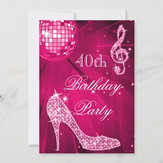 Hot Pink Disco Ball Sparkle Heels 40th Birthday Invitation (Front)