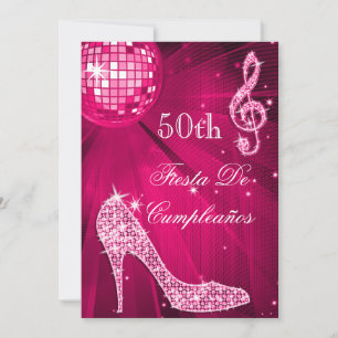 Hot Pink Disco Ball Sparkle Heels 50th Birthday Invitation