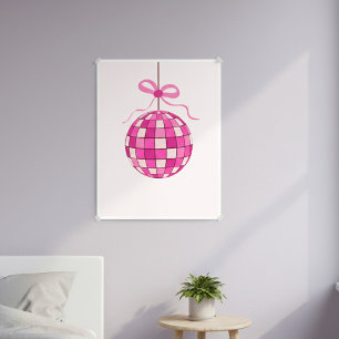 Hot Pink Disco Ball with Coquette Bow Girl room Poster