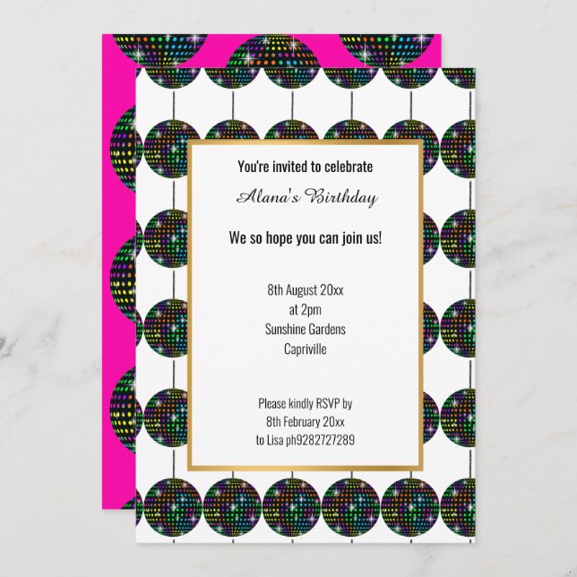HOT PINK DISCO PARTY THEME GOLD ALL OCCASION INVITATION (Front/Back)