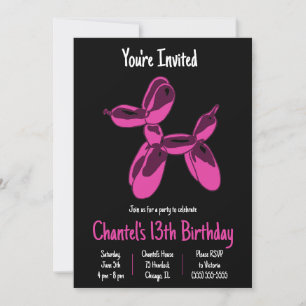 Hot Pink Dog Balloon Animal, Teen Birthday Party Invitation