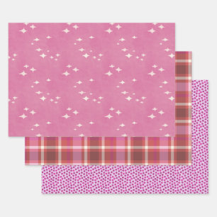 Hot pink dots, stars and plaid wrapping paper sheet