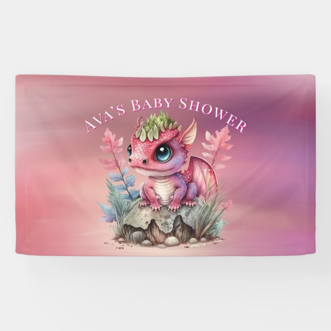 Hot Pink Dragon Girl Baby Shower Banner (Horizontal)