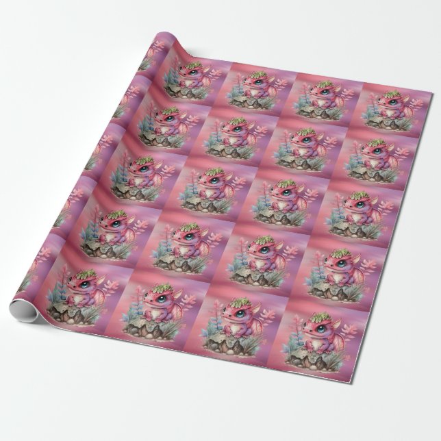 Hot Pink Dragon Girl Baby Shower Wrapping Paper (Unrolled)