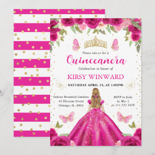 Hot Pink Dress Blonde Princess Quinceanera Invitation