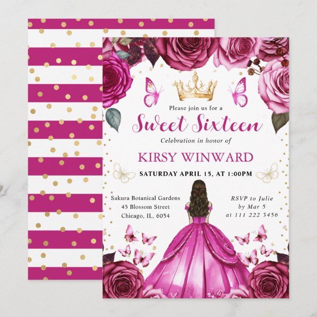 Hot Pink Dress Brunette Princess Sweet 16 Invitation (Front/Back)