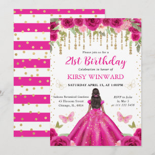 Hot Pink Dress Dark Skin Princess Birthday Invitation