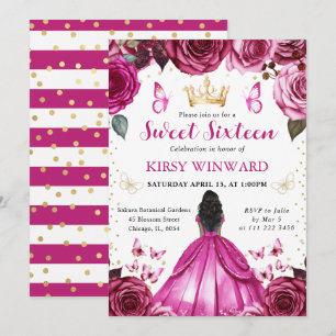 Hot Pink Dress Dark Skin Princess Sweet 16 Invitation