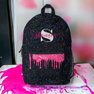 Hot Pink Drip Black Glitter Custom Name Backpack