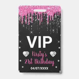 Hot Pink Dripping Glitter & Diamonds Birthday ID Badge