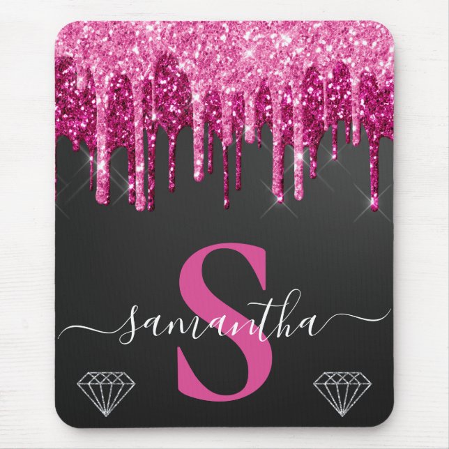 Hot Pink Dripping Glitter on Black Monogram Mouse Pad (Front)
