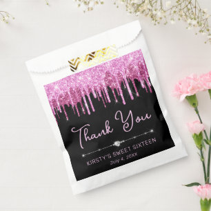 Hot Pink Dripping Glitter on Black Sweet 16 Favour Bag