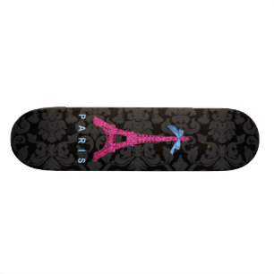 Hot Pink Eiffel Tower in faux glitter Skateboard