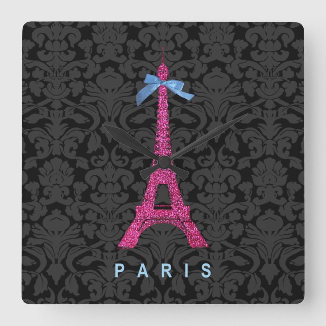 Hot Pink Eiffel Tower in faux glitter Square Wall Clock (Front)