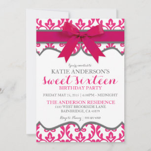 Hot Pink Elegant Damask Sweet Sixteen Invitation