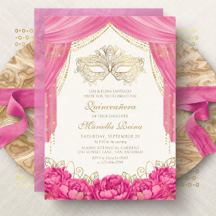 Hot Pink Elegant Mask Masquerade Quinceanera Invitation